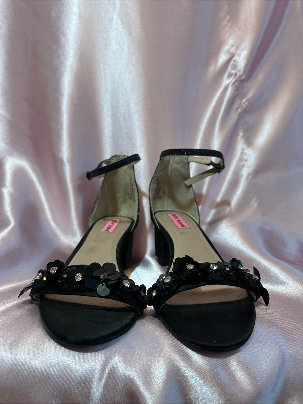 Betsey Johnson Black Sequin Floral Ankle-Strap Heels